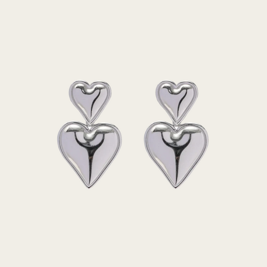 Amour Double Heart Silver Earrings | Stainless Steel